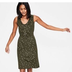 Boden Melinda dress women’s size 8l olive green with gold polka dots